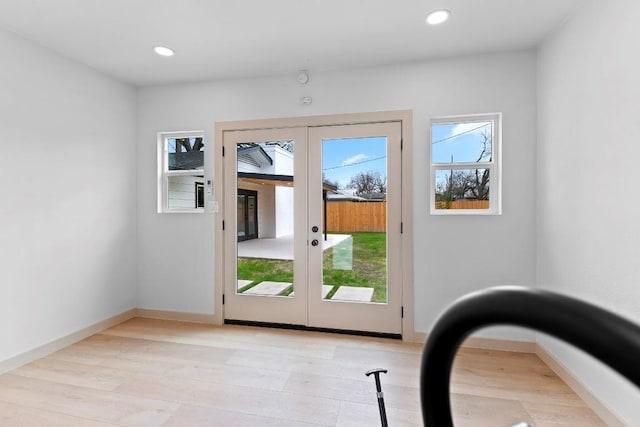 doorway featuring a healthy amount of sunlight, light hardwood / wood-style floors, and french doors