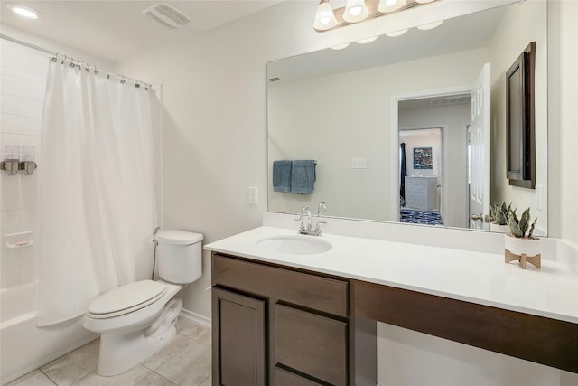 full bathroom featuring vanity, shower / tub combo, tile patterned flooring, and toilet