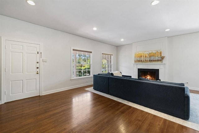 2612 Bridle Path, Austin, TX 78703 - living room with a lit fireplace, wood finished floors, baseboards, and recessed lighting