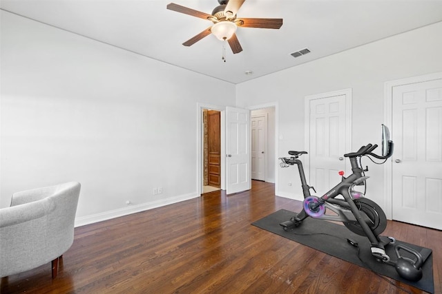 exercise area with ceiling fan and dark hardwood / wood-style flooring