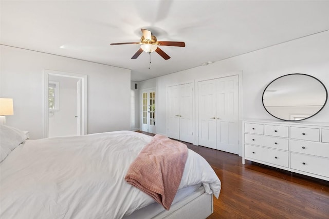 bedroom with ceiling fan, dark wood-type flooring, and multiple closets