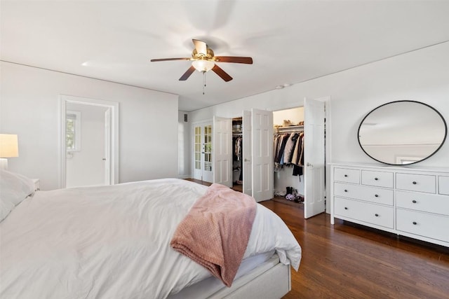 bedroom featuring dark hardwood / wood-style floors and ceiling fan