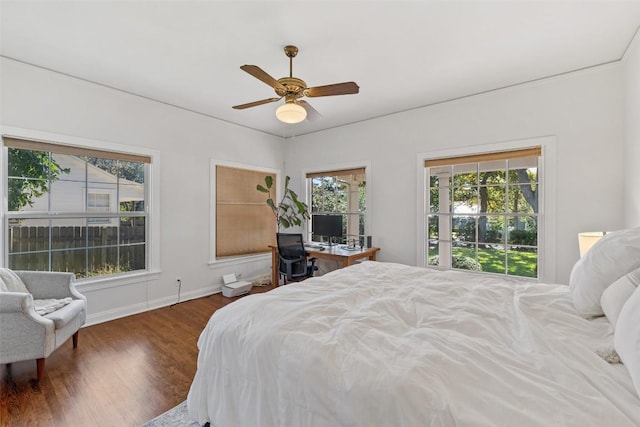 bedroom featuring ceiling fan and dark hardwood / wood-style floors