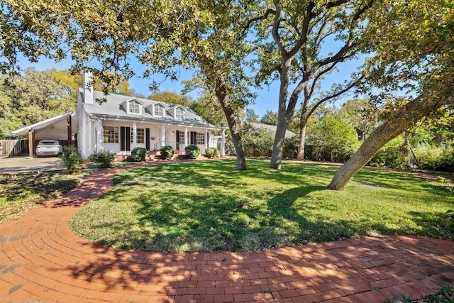 2612 Bridle Path, Austin, TX 78703 - cape cod house featuring a front lawn, a chimney, and an attached carport