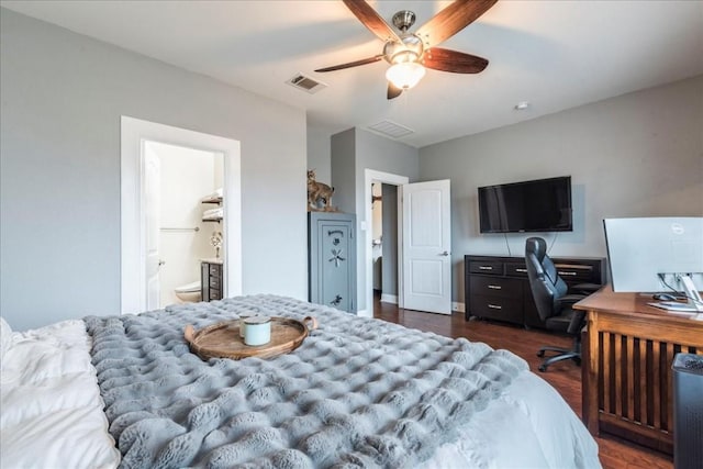 bedroom featuring ceiling fan and dark hardwood / wood-style floors