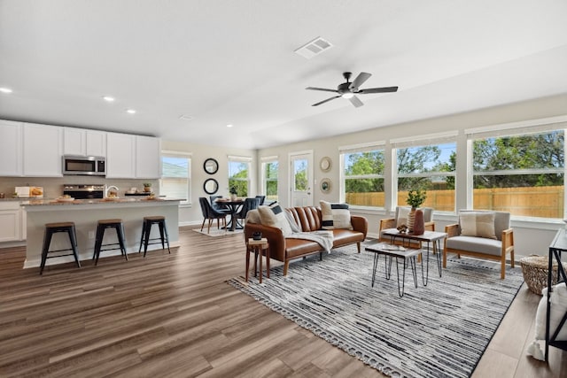 living room featuring ceiling fan and hardwood / wood-style floors