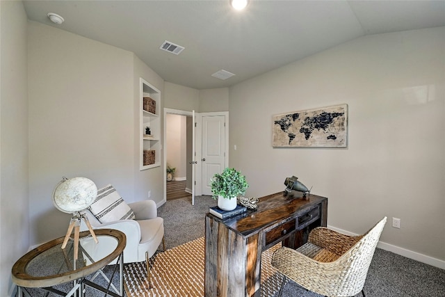 office featuring carpet and lofted ceiling