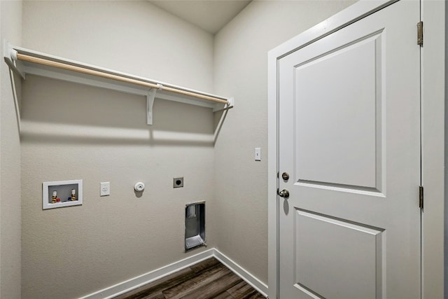 washroom featuring dark wood-type flooring, hookup for a gas dryer, washer hookup, and electric dryer hookup