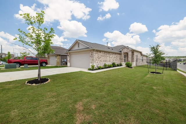 ranch-style house with a garage and a front lawn