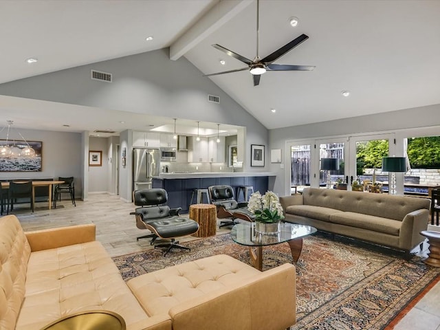 living room featuring ceiling fan, high vaulted ceiling, light wood-type flooring, and beam ceiling