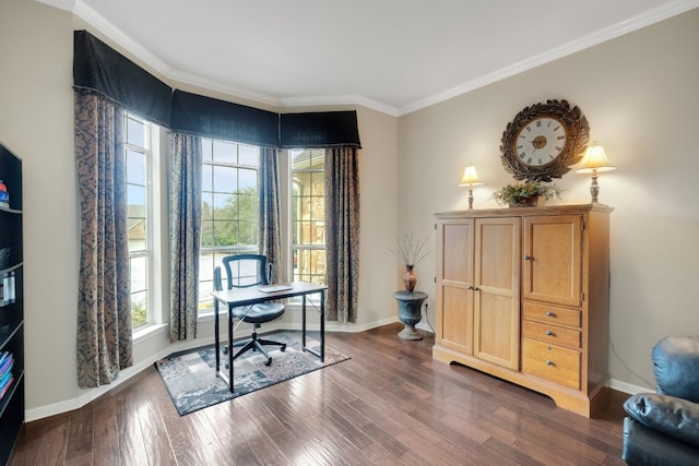 home office featuring crown molding and dark wood-type flooring