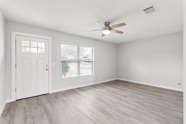 entrance foyer featuring ceiling fan and light hardwood / wood-style flooring