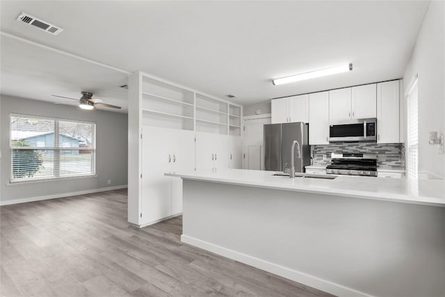 kitchen with white cabinetry, light wood-type flooring, appliances with stainless steel finishes, kitchen peninsula, and decorative backsplash