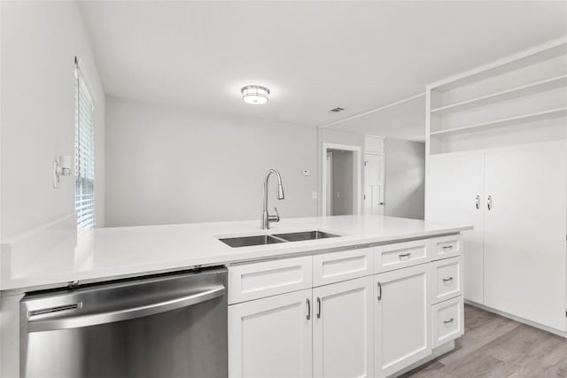 kitchen featuring white cabinetry, sink, stainless steel dishwasher, and light wood-type flooring