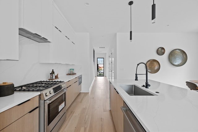 1409 Valleyridge Dr Unit B, Austin, TX 78704 - kitchen featuring stainless steel appliances, modern cabinets, light wood-style flooring, and under cabinet range hood