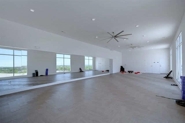 4361 S Congress Ave Unit 333, Austin, TX 78745 - interior space with recessed lighting, healthy amount of natural light, a ceiling fan, and a towering ceiling