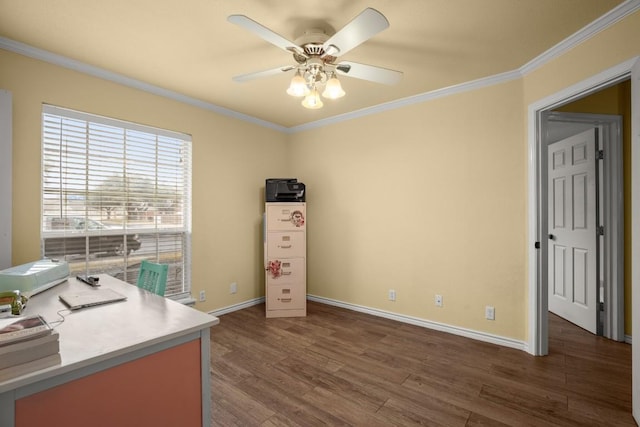 office area with crown molding, ceiling fan, and dark hardwood / wood-style flooring