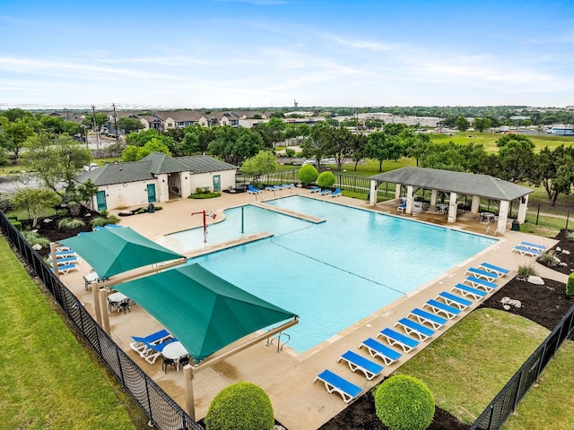 view of pool featuring a gazebo, a patio, and a lawn