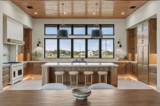 1318 Country Side Bnd, Fredericksburg, TX 78624 - kitchen with high end white range oven, wooden ceiling, a kitchen island, light countertops, and a breakfast bar