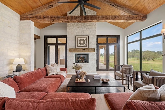 1318 Country Side Bnd, Fredericksburg, TX 78624 - living room featuring wooden ceiling with exposed beams, ceiling fan, a fireplace, high vaulted ceiling, and wood finished floors