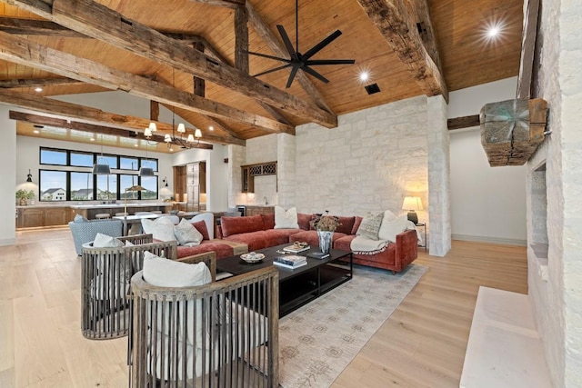 living room featuring wood ceiling, beam ceiling, high vaulted ceiling, and light hardwood / wood-style flooring