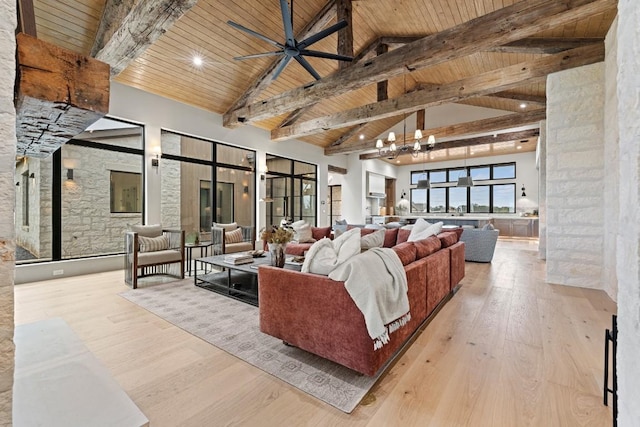 1318 Country Side Bnd, Fredericksburg, TX 78624 - living room with wood ceiling with exposed beams, wood finished floors, a chandelier, high vaulted ceiling, and ceiling fan