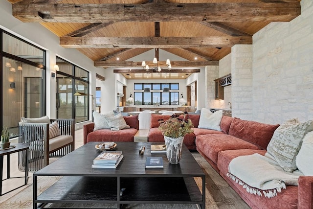 living room featuring lofted ceiling with beams, wood-type flooring, a chandelier, and wood ceiling