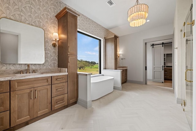 1318 Country Side Bnd, Fredericksburg, TX 78624 - full bath featuring wallpapered walls, baseboards, vanity, a soaking tub, and a chandelier