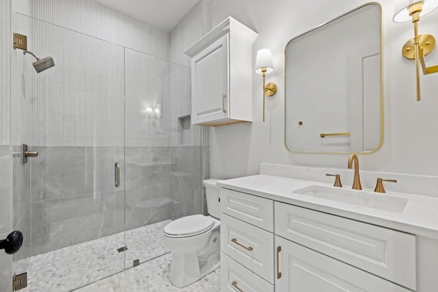 bathroom with vanity, toilet, and an enclosed shower