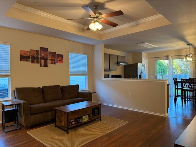 living room featuring crown molding, dark hardwood / wood-style flooring, and a raised ceiling