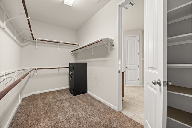 spacious closet featuring light colored carpet