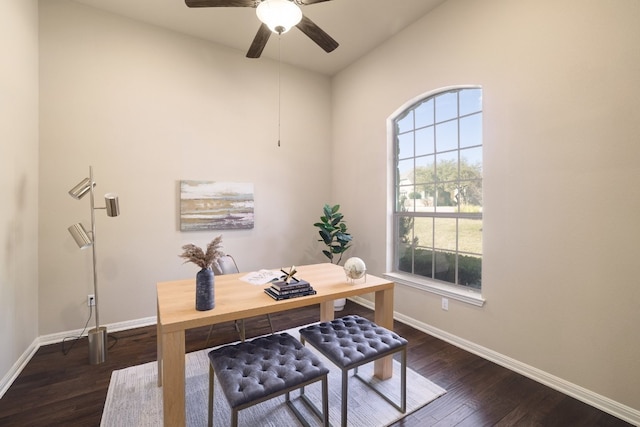 office area featuring dark hardwood / wood-style flooring and ceiling fan