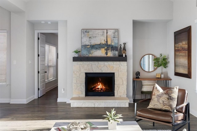 living area featuring a stone fireplace and dark hardwood / wood-style flooring