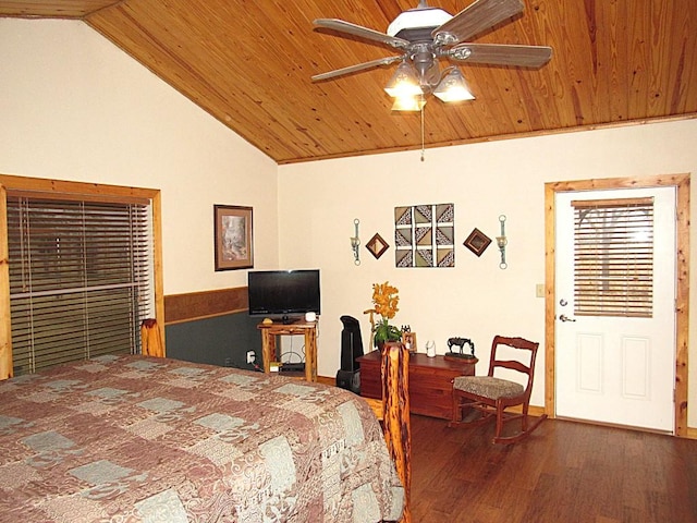 bedroom featuring lofted ceiling, wood ceiling, and dark wood-type flooring