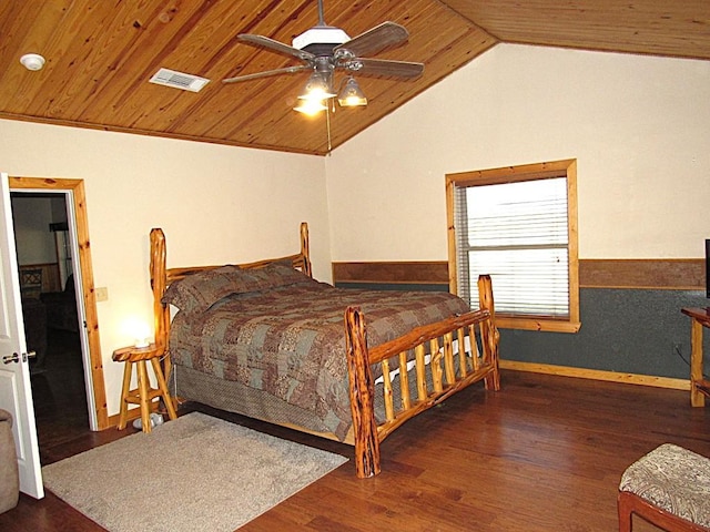 bedroom with vaulted ceiling, dark wood-type flooring, ceiling fan, and wood ceiling