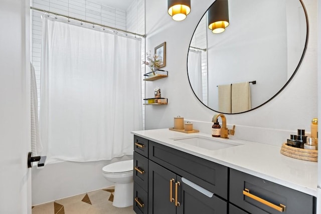 full bathroom with vanity, toilet, and shower / bathtub combination with curtain