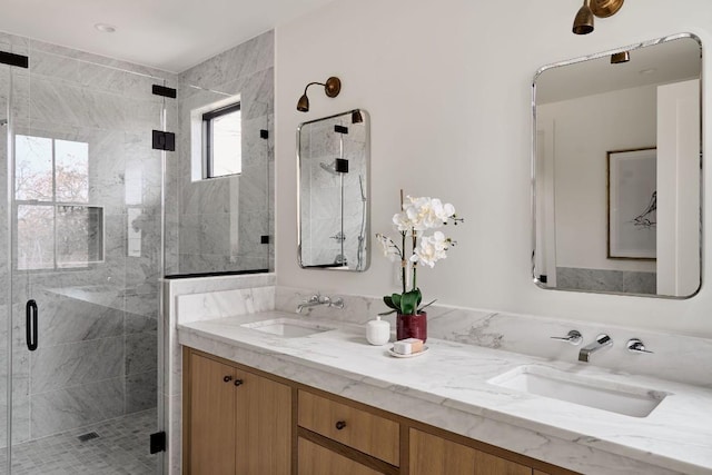 bathroom with vanity and walk in shower