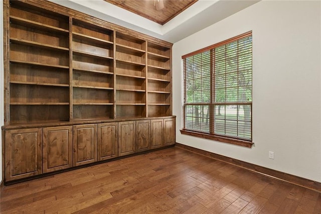 spare room with a tray ceiling and dark wood-type flooring