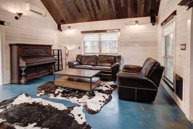 living room with an AC wall unit, a healthy amount of sunlight, and wood ceiling