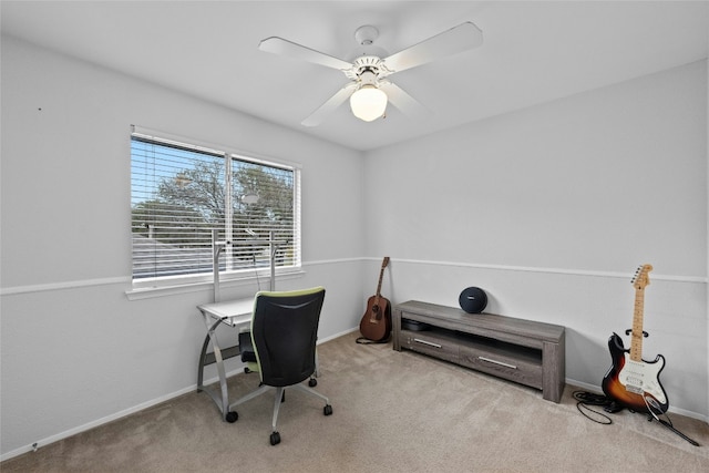 carpeted office with ceiling fan