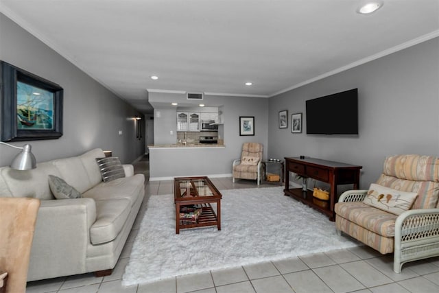 tiled living room with crown molding