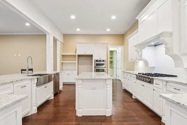 124 Abamillo Dr, Bastrop, TX 78602 - kitchen featuring appliances with stainless steel finishes, white cabinets, tasteful backsplash, recessed lighting, and dark wood finished floors