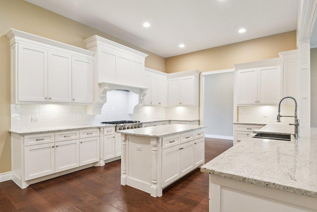 124 Abamillo Dr, Bastrop, TX 78602 - kitchen featuring backsplash, dark wood-type flooring, light stone counters, white cabinetry, and recessed lighting