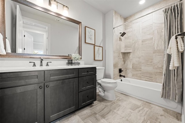 full bathroom with toilet, shower / tub combo, visible vents, and vanity