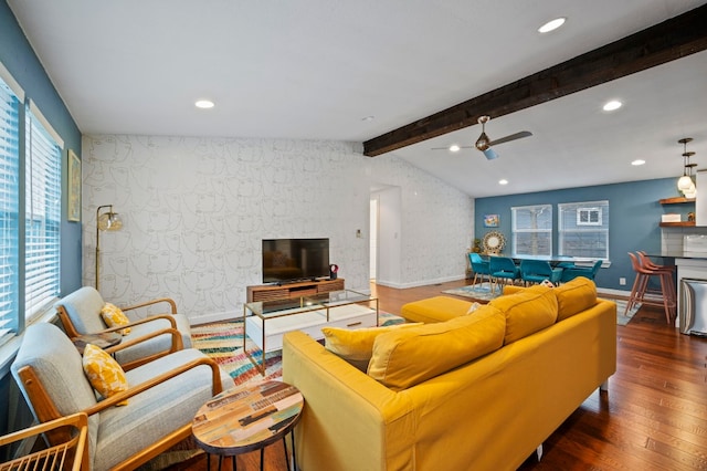 living room featuring vaulted ceiling with beams, dark wood-type flooring, and ceiling fan