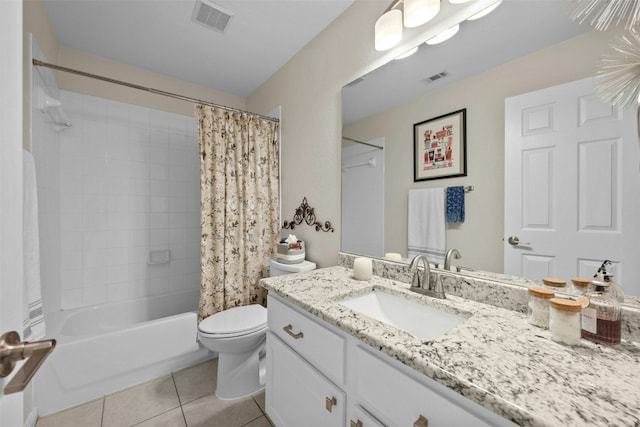 full bathroom featuring tile patterned floors, toilet, shower / tub combo, and vanity