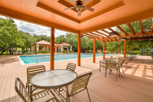 view of swimming pool with a pergola, a patio area, and ceiling fan