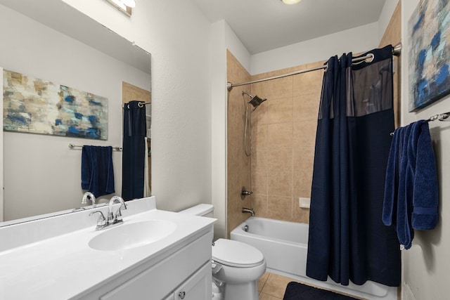 full bathroom featuring shower / tub combo, vanity, toilet, and tile patterned flooring