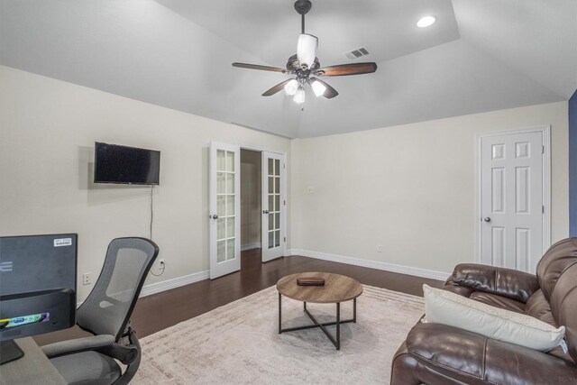 office area with visible vents, ceiling fan, vaulted ceiling, french doors, and dark wood-style floors