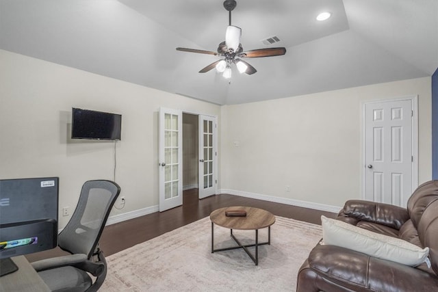 18928 Wandering Vine Cv, Pflugerville, TX 78660 - home office with dark wood-type flooring, french doors, a ceiling fan, vaulted ceiling, and recessed lighting